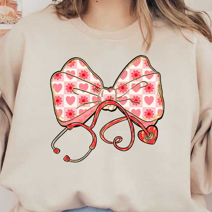 A charming illustration of a pink checkered bow adorned with hearts and flowers, intertwined with a stethoscope.DTF Transfers