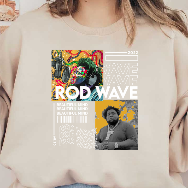 A vibrant collage celebrating Rod Wave's 2022 album "Beautiful Mind," featuring colorful art and dynamic textual elements.DTF Transfersdtf regular iron