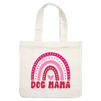A cheerful design featuring rainbow arcs in pink tones with a heart and the words "DOG MAMA" prominently displayed.DTF Transfers