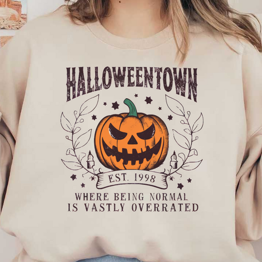 A playful Halloween-themed graphic featuring a smiling pumpkin, surrounded by stars and foliage, celebrating the spirit of Halloweentown since 1998. dtf prints dtf transfers