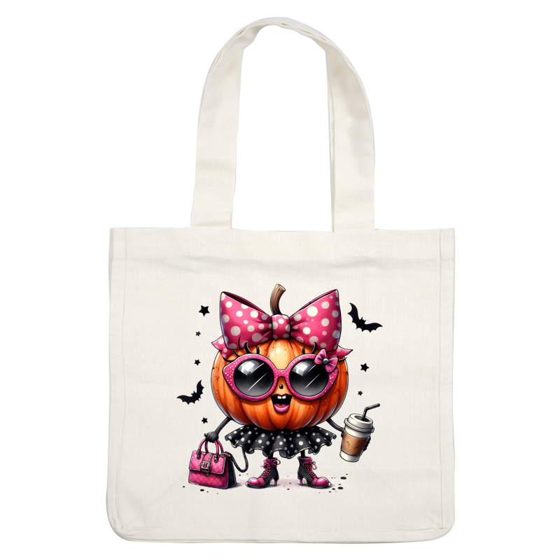 Meet a stylish pumpkin character dressed in a polka-dotted skirt and oversized sunglasses, complete with a pink handbag and coffee!dtf regular iron