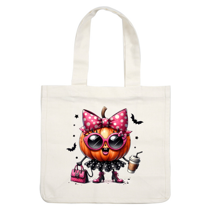 Meet a stylish pumpkin character dressed in a polka-dotted skirt and oversized sunglasses, complete with a pink handbag and coffee!dtf regular iron