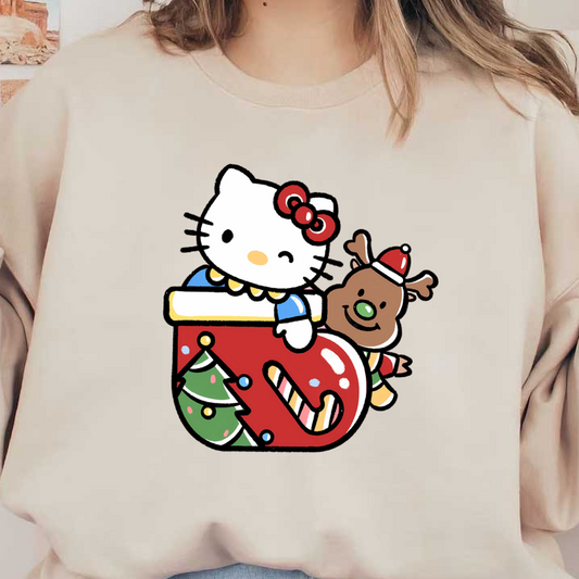 This adorable illustration features Hello Kitty and a cheerful reindeer in a festive red stocking, decorated with a Christmas tree and candy cane.DTF Transfers