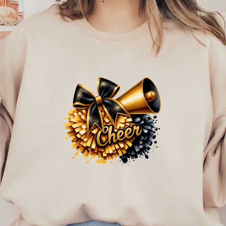 A vibrant cheerleading graphic featuring a golden megaphone, a stylish bow, and a dynamic pom-pom with "Cheer" text.DTF Transfers dtf prints