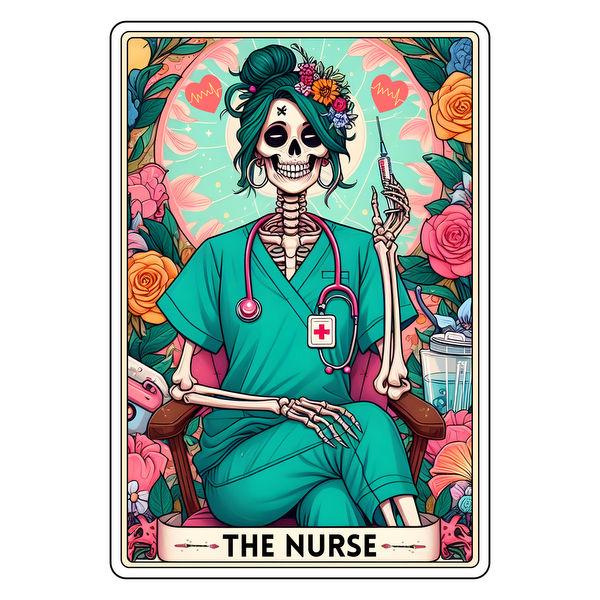 Una ilustración vibrante de una enfermera esqueleto con uniforme médico, adornada con flores, sosteniendo una jeringa y rodeada de rosas de colores.