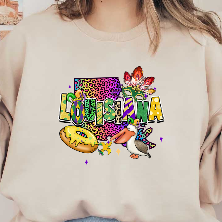 A vibrant and colorful design featuring "Louisiana" with iconic symbols like a pelican, donut, and Mardi Gras mask.DTF Transfers