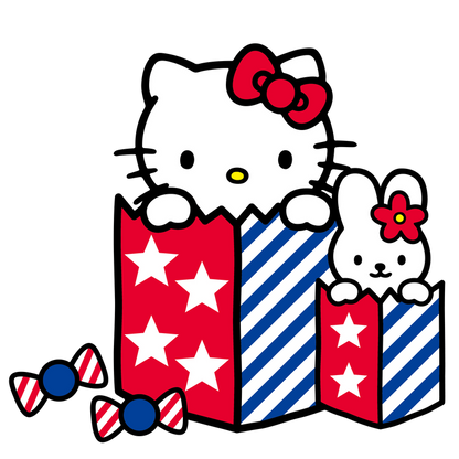 Cute Hello Kitty and her bunny friend peek out from festive red and blue striped gift boxes adorned with stars.DTF Transfers