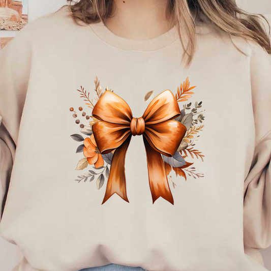 A beautiful orange bow adorned with flowers and greenery, perfect for festive decoration or gift wrapping. dtf prints