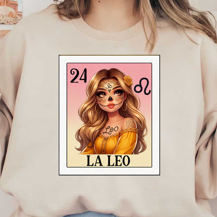 Una ilustración vibrante que presenta a una mujer rubia con maquillaje de calavera de azúcar, adornada con un vestido amarillo, que representa a "La Leo".