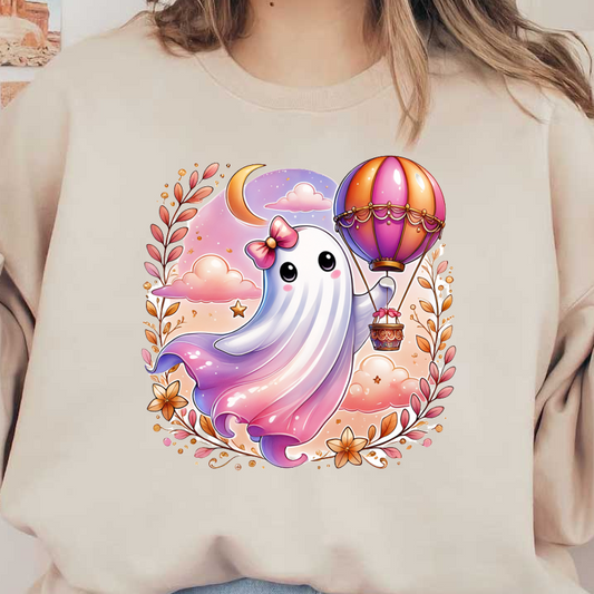 Un personaje fantasma caprichoso con un arco, sosteniendo alegremente un globo aerostático en medio de un cielo pastel de ensueño y flores.