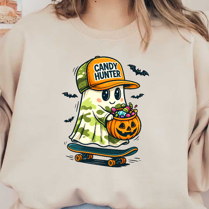 A cute ghost character on a skateboard, wearing a "Candy Hunter" cap and holding a pumpkin filled with candies.DTF Transfers
