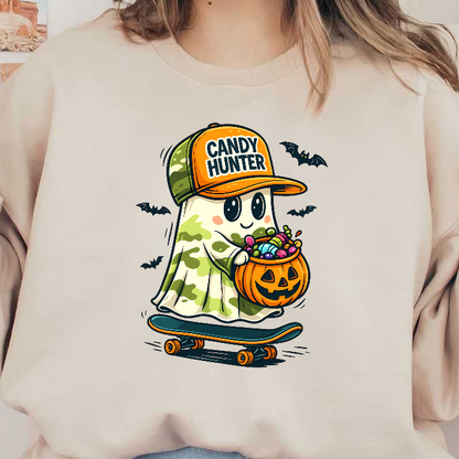 A cute ghost character on a skateboard, wearing a "Candy Hunter" cap and holding a pumpkin filled with candies.DTF Transfers
