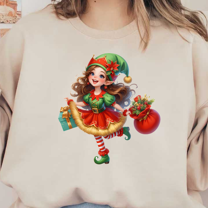 A cheerful young elf in a festive red and green outfit holds a gift and a bag of holiday goodies.DTF Transfers dtf prints