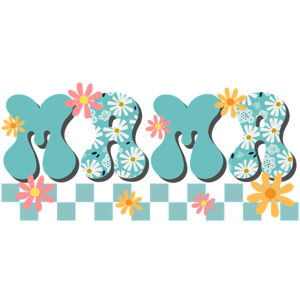 Colorful and playful "Mama" lettering adorned with floral designs and cheerful accents, perfect for celebrating motherhood.dtf regular iron