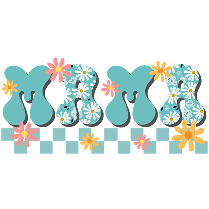 Colorful and playful "Mama" lettering adorned with floral designs and cheerful accents, perfect for celebrating motherhood.dtf regular iron