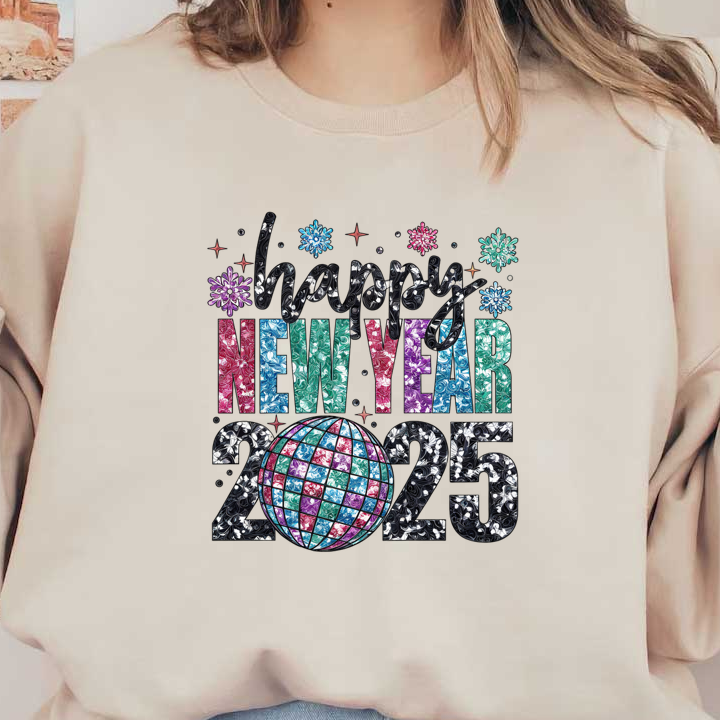 Celebrate the arrival of 2025 with this colorful and festive "Happy New Year" design featuring a sparkling disco ball!DTF Transfers dtf prints