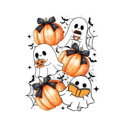 A charming illustration of cute ghosts enjoying cozy activities alongside festive pumpkins adorned with elegant bows. dtf transfers