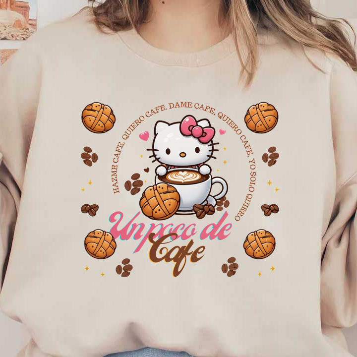 Una linda ilustración que muestra a Hello Kitty disfrutando de una taza de café, rodeada de granos de café y dulces, con un texto divertido. Transferencias DTF