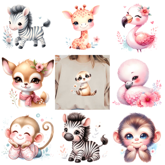 Adorable and colorful animal designs for cute apparel prints.DTF Transfers