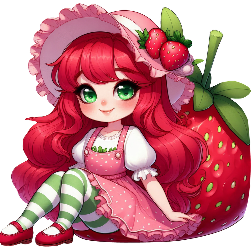 A whimsical character with long red hair, dressed in a pink polka-dot dress and striped leggings, sits next to a giant strawberry.DTF Transfers