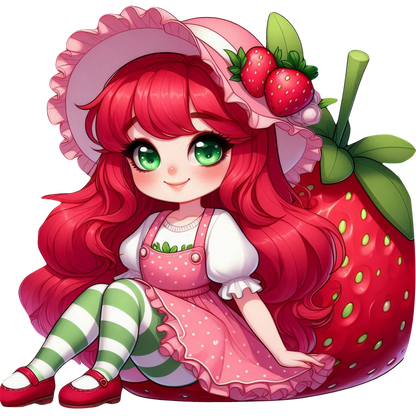 A whimsical character with long red hair, dressed in a pink polka-dot dress and striped leggings, sits next to a giant strawberry.DTF Transfers