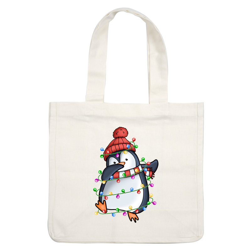 ¡Un pingüino alegre envuelto en luces navideñas de colores, con un gorro y una bufanda rojos, listo para las celebraciones festivas!