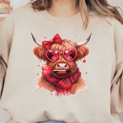 A playful Highland cow wearing heart-shaped sunglasses, a red bow, and a plaid scarf holds a love arrow, exuding charm.DTF Transfers