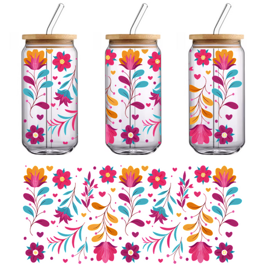 A vibrant floral pattern featuring colorful flowers, leaves, and hearts, perfect for adding a cheerful touch to any design.UV Transfers heat press transfers