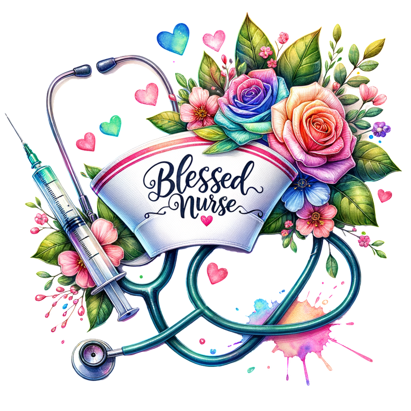 A vibrant design featuring a stethoscope, syringe, and colorful flowers, celebrating the phrase "Blessed Nurse."DTF Transfers