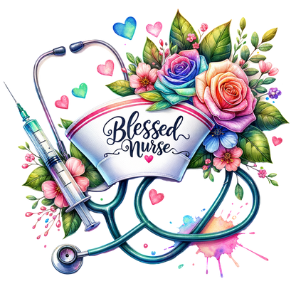 A vibrant design featuring a stethoscope, syringe, and colorful flowers, celebrating the phrase "Blessed Nurse."DTF Transfers