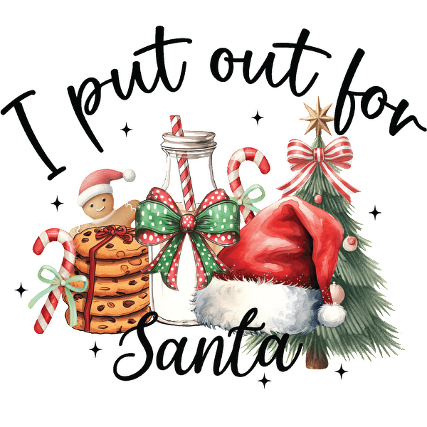 A whimsical holiday design featuring a cheerful Santa hat, milk, cookies, a gingerbread man, and a festive Christmas tree. dtf prints