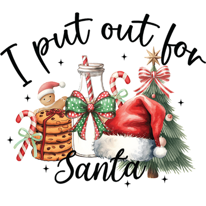 A whimsical holiday design featuring a cheerful Santa hat, milk, cookies, a gingerbread man, and a festive Christmas tree. dtf prints