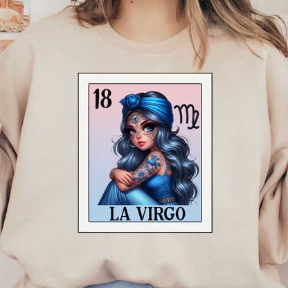 Una encantadora ilustración de una niña con cabello azul, adornada con un traje azul con intrincados tatuajes, que representa a Virgo.