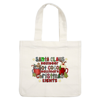 Celebrate the holiday spirit with this fun, colorful design featuring festive words, Christmas themes, and cozy imagery of hot cocoa!DTF Transfers heat press transfersdtf regular iron