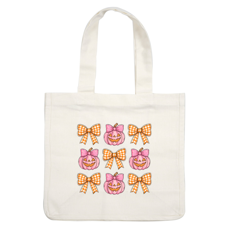 A charming design featuring pink pumpkins with playful smiles and large, gingham bows, perfect for Halloween decor. heat press transfers