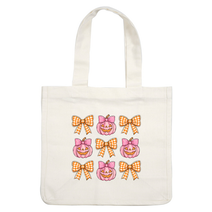 A cheerful arrangement featuring pink jack-o'-lanterns and gingham bows, perfect for adding a festive touch to Halloween decor. dtf transfers