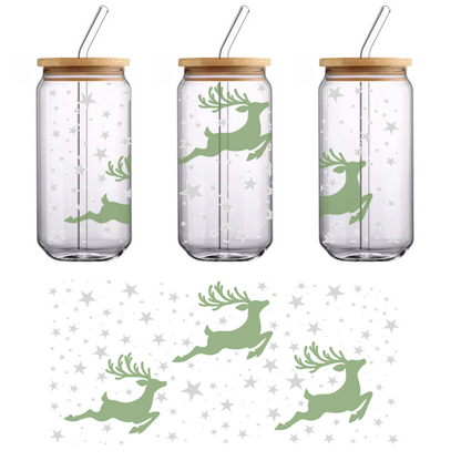 A whimsical design featuring green reindeer leaping amidst a flurry of silver stars, perfect for festive decorations.UV Transfers heat press transfers