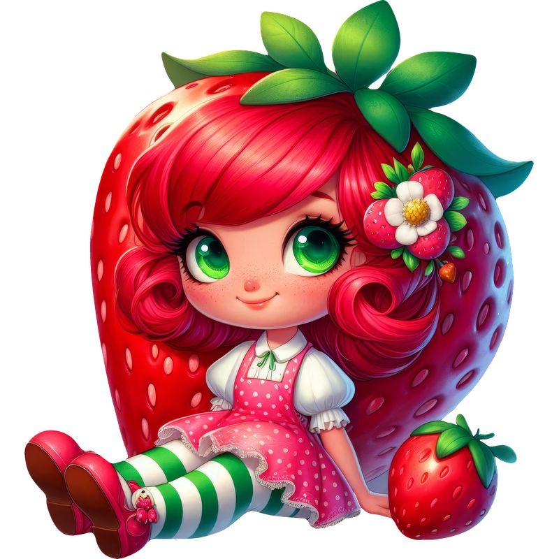 A cute, whimsical character with vibrant red hair, dressed in a pink polka-dot dress and striped green stockings, sits beside a strawberry.DTF Transfers