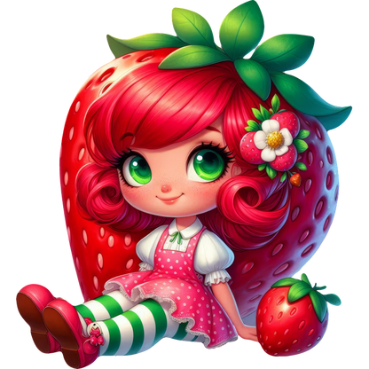 A cute, whimsical character with vibrant red hair, dressed in a pink polka-dot dress and striped green stockings, sits beside a strawberry.DTF Transfers