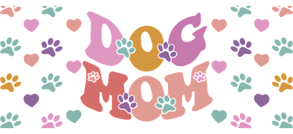 Un diseño divertido y colorido que celebra a "Dog Mom", adornado con corazones y huellas de patas en tonos vibrantes. Transferencias UV