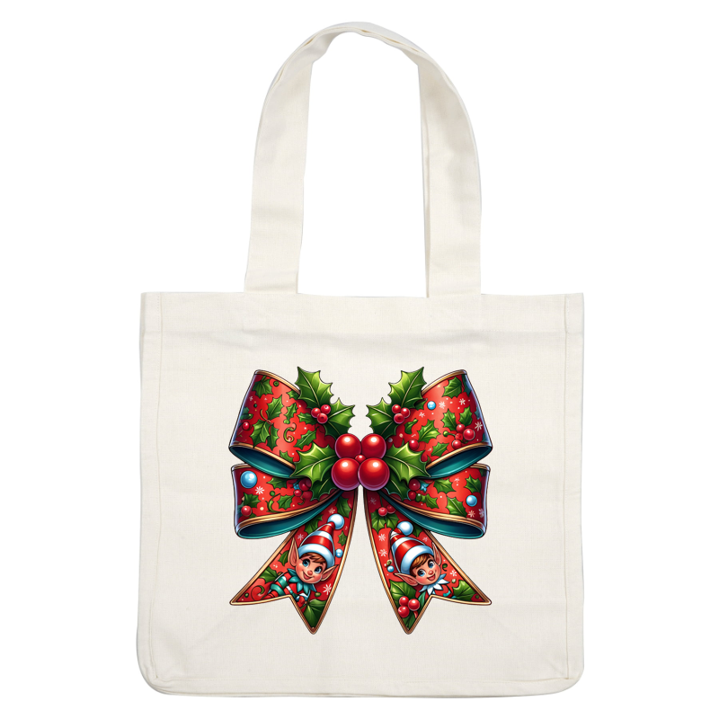 A festive, vibrant bow decorated with holly, berries, and playful elf faces, perfect for holiday celebrations. dtf transfers