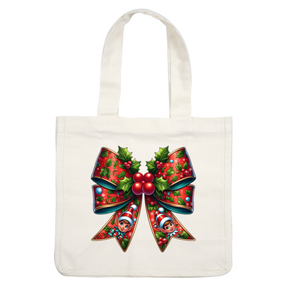 A festive, vibrant bow decorated with holly, berries, and playful elf faces, perfect for holiday celebrations. dtf transfers