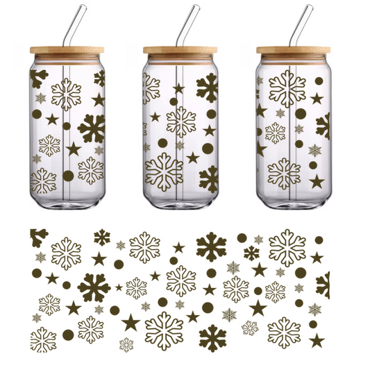 A whimsical pattern featuring a mix of snowflakes, stars, and circles in a festive design, perfect for winter celebrations.UV Transfers dtf prints