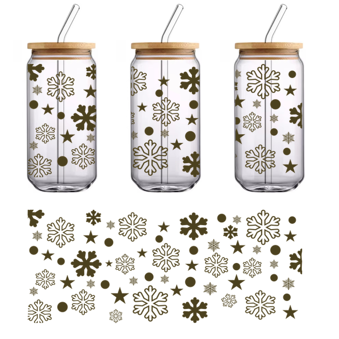 A decorative pattern featuring various snowflakes, stars, and circles, perfect for winter or holiday-themed designs.UV Transfersdtf regular iron