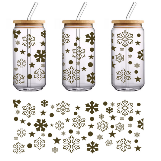 A decorative pattern featuring various snowflakes, stars, and circles, perfect for winter or holiday-themed designs.UV Transfersdtf regular iron