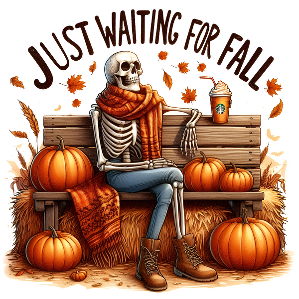 A whimsical skeleton sits on a bench, wrapped in an orange scarf, surrounded by pumpkins, eagerly waiting for fall.dtf regular iron