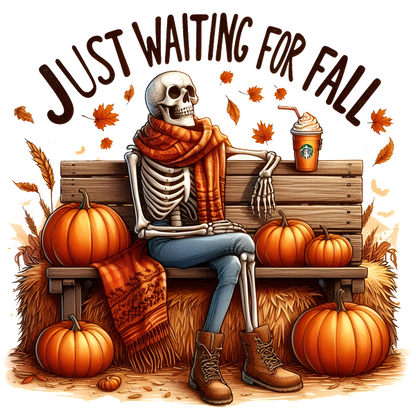 A whimsical skeleton sits on a bench, wrapped in an orange scarf, surrounded by pumpkins, eagerly waiting for fall.dtf regular iron