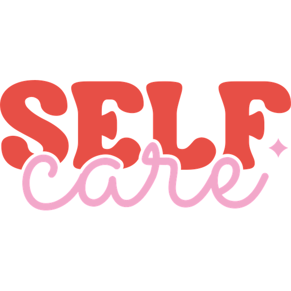 Diseño tipográfico "SELF care" brillante y divertido, con letras rojas en negrita y un estilo cursivo rosa caprichoso.