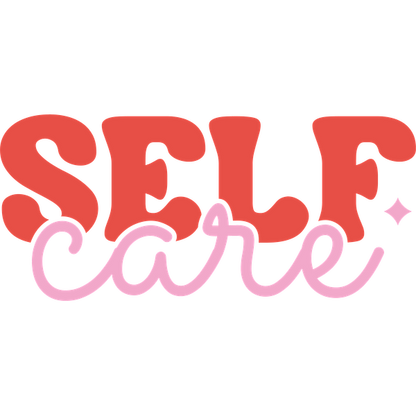 Diseño tipográfico "SELF care" brillante y divertido, con letras rojas en negrita y un estilo cursivo rosa caprichoso.