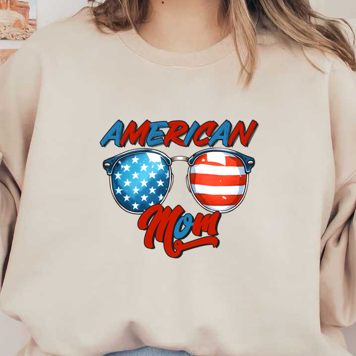 Celebrate patriotism with this vibrant "American Mom" design featuring sunglasses displaying the U.S. flag and starry patterns. dtf prints